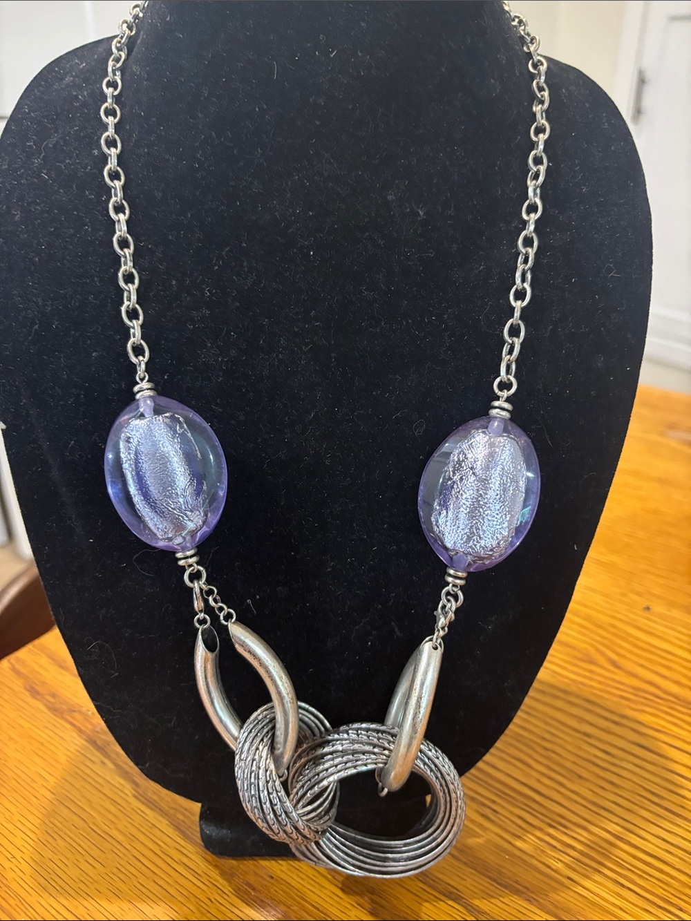 Silver-Tone Necklace with Purple Glass Beads